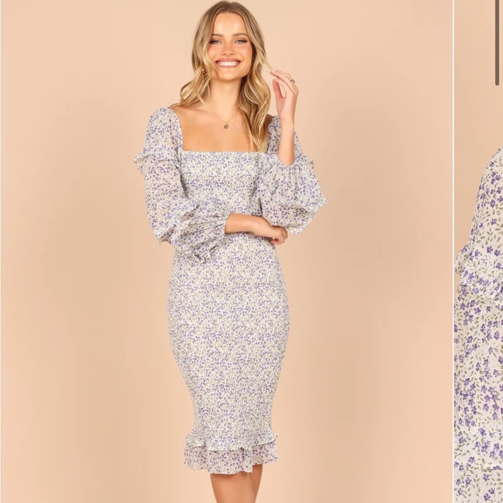 Frill Long Sleeve Bodycon MIDI Dress - Blue Floral